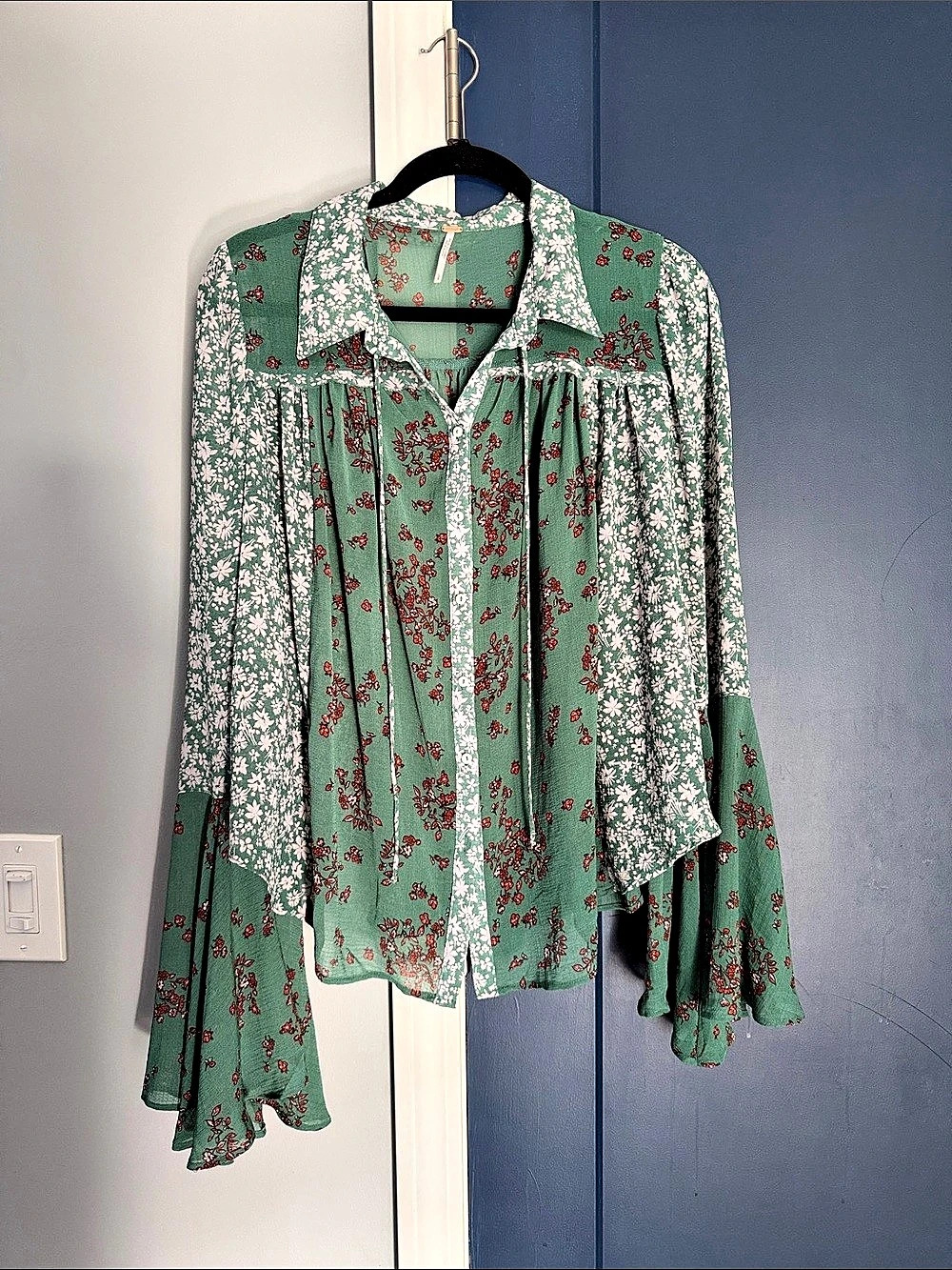 Free People Serena Printed Blouse Floral Flare Sleeve Blouse in Green Red Large